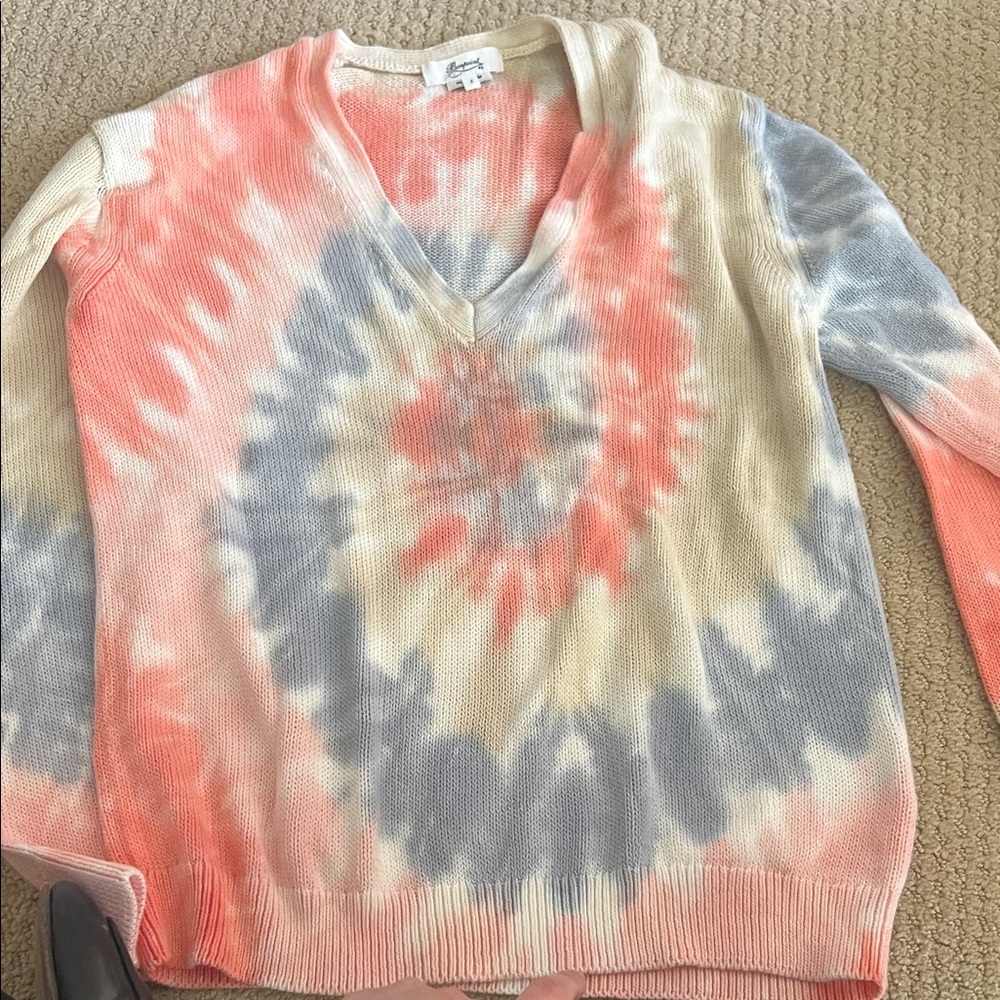 Bonpoint Tie-Dye V-Neck Sweater in Coral, Blue & Cream